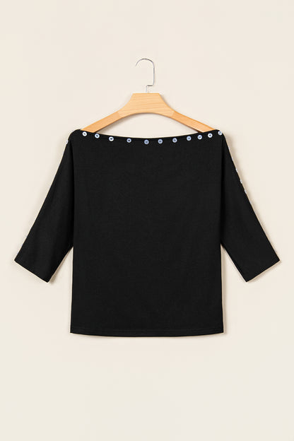Black 3/4 Sleeve Button Detail Off Shoulder Top