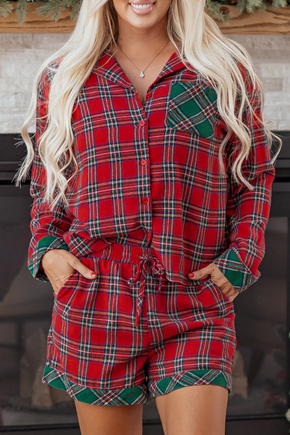 Dearlovers Red Plaid Contrast Patched Christmas Holiday Long Sleeve Shirt and Short 2pcs Pajama Set