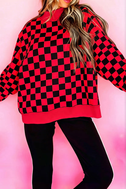 Black Checkered Print High Neck Baggy Sweatshirt