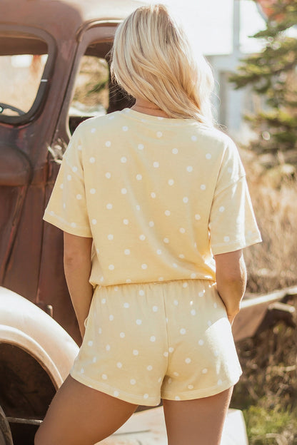 Black Polka Dot Short Sleeve Loose Top Drawstring Shorts Set