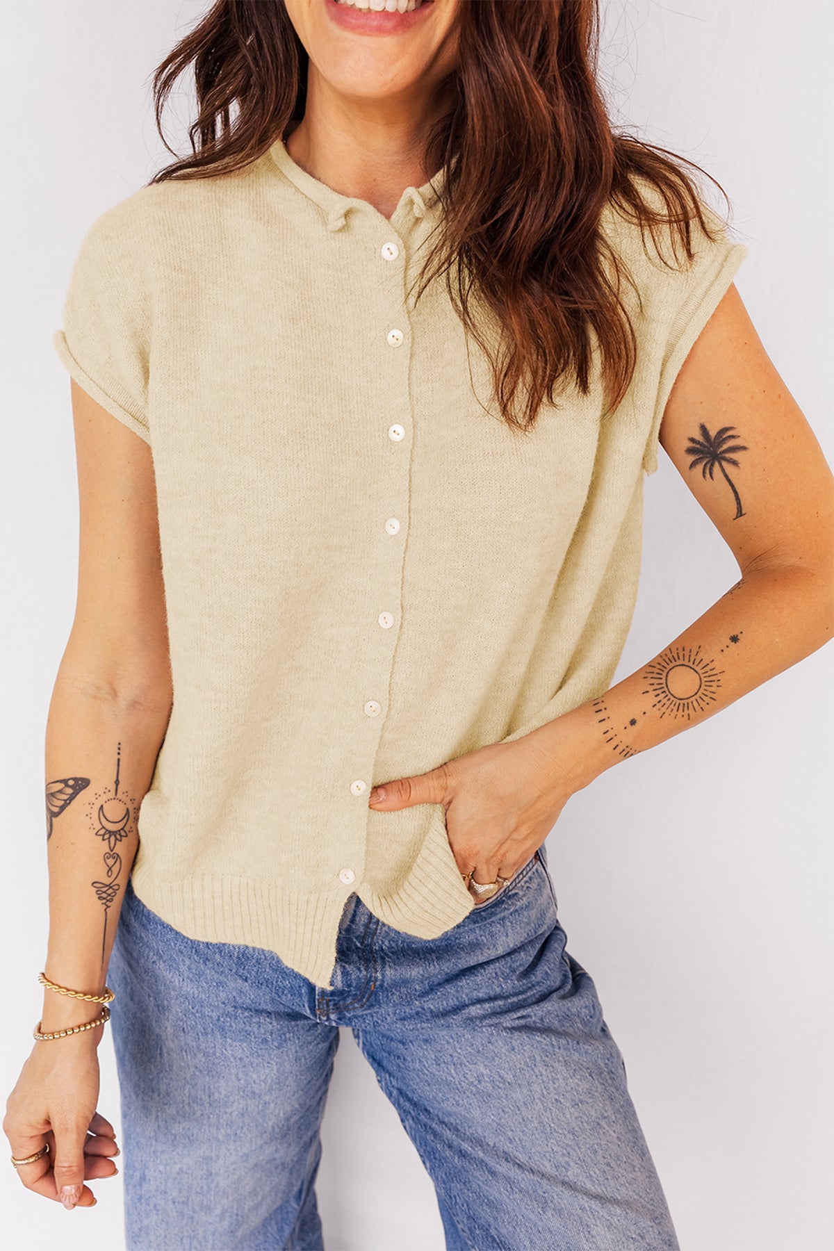 Apricot Buttoned Front Rolled Hem Cap Sleeve Sweater Top