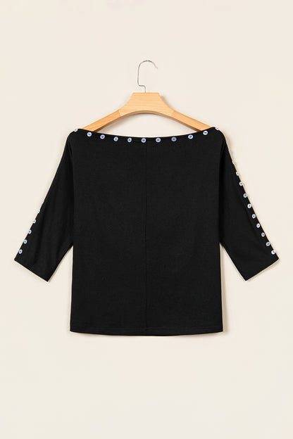 Black 3/4 Sleeve Button Detail Off Shoulder Top