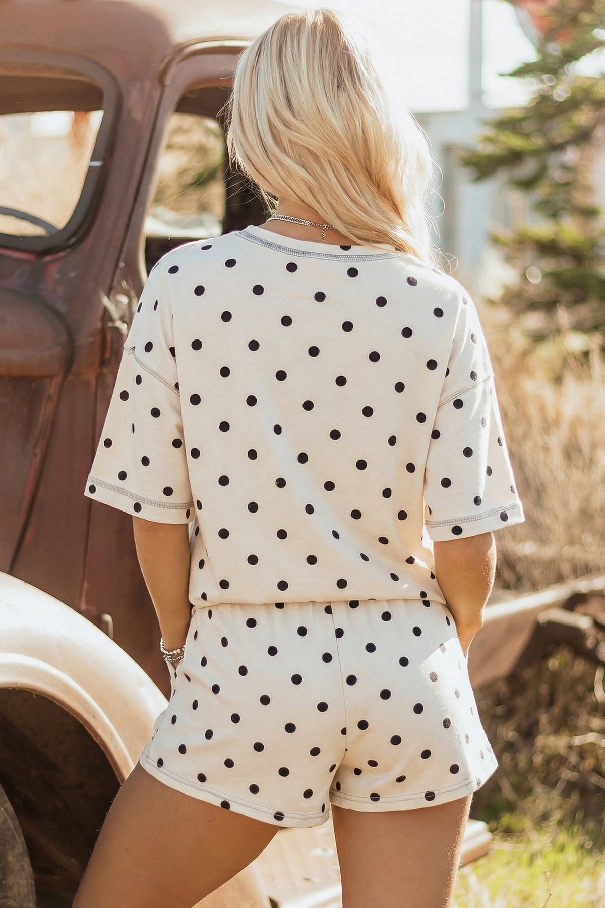 Black Polka Dot Short Sleeve Loose Top Drawstring Shorts Set