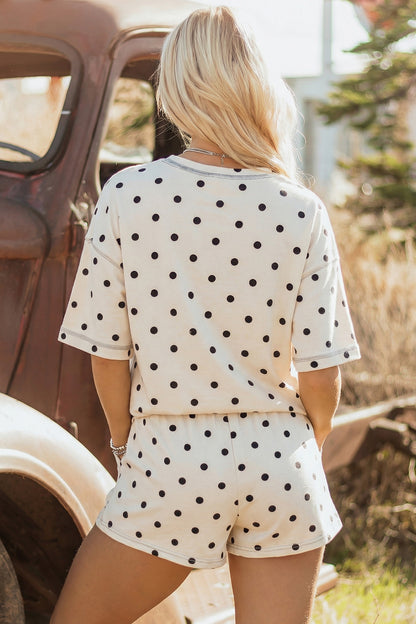 Black Polka Dot Short Sleeve Loose Top Drawstring Shorts Set